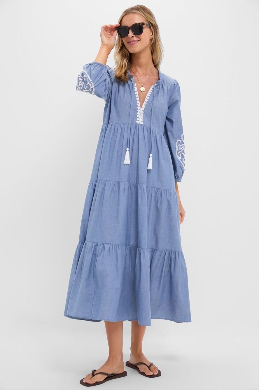Tuckernuck TNUCK BEACH Embroidered Chambray Long Sleeve Salty Paloma Caftan LaRG